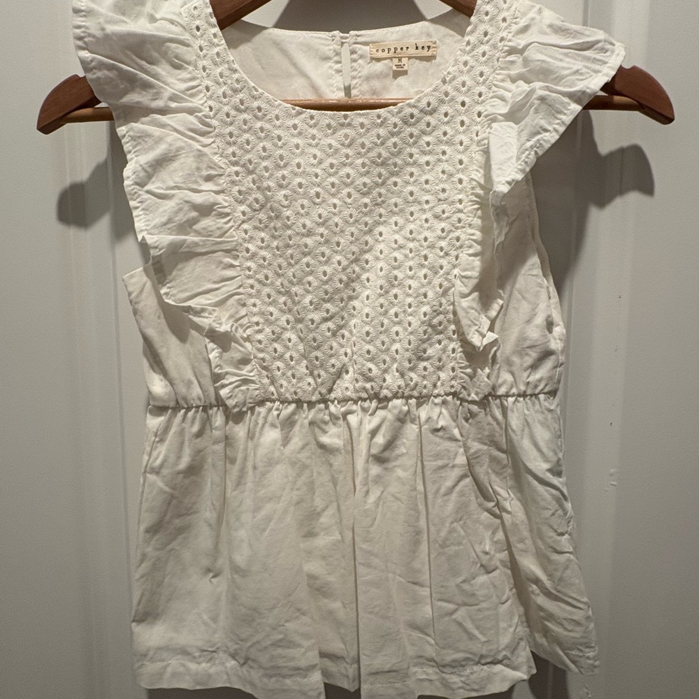Copper Key White Eyelet Ruffle Peplum Top